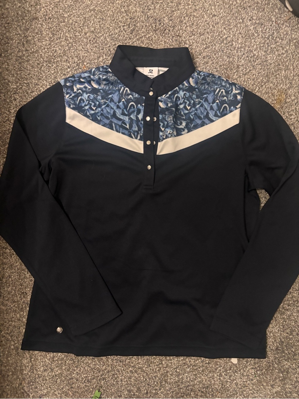 Daily Sports Womens golf shirt navy with Blue Abstract Yoke and White Trim